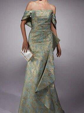 NWT Alyce Paris 27750 Off-Shoulder Jacquard Formal Dress Sea Glass-Gold size 20